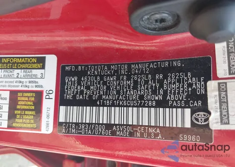 2012 Toyota Camry Le из США, поврежденный, VIN 4T1BF1FK6CU577288